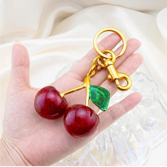 Cherry Bag Charm with Green leaf - Picture 3 of 3